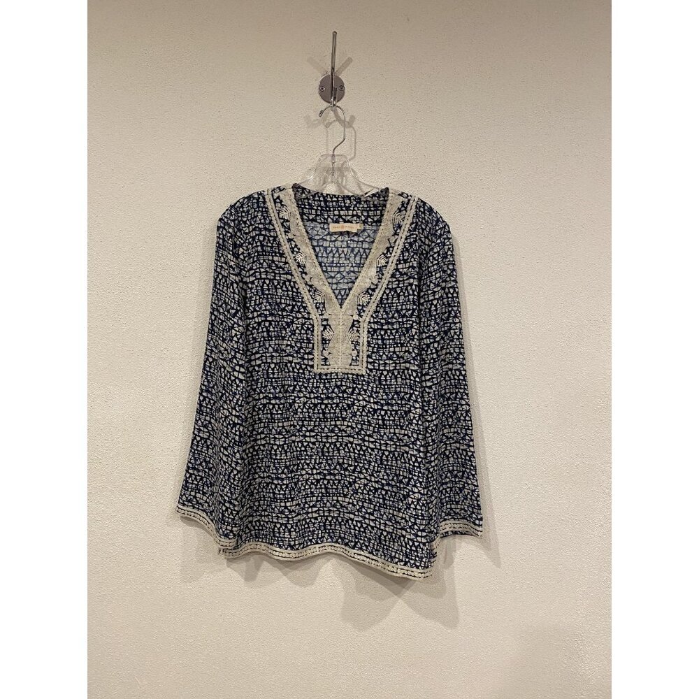 Tory Burch Blouse Womens Size 10 Blue Geometric Tunic Long Sleeve Crochet Trim